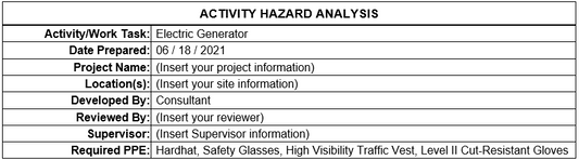 Electric Generator Activity Hazard Analysis form with fields for project details, location, and required PPE.