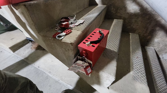 Red LOTO box with tags and lock