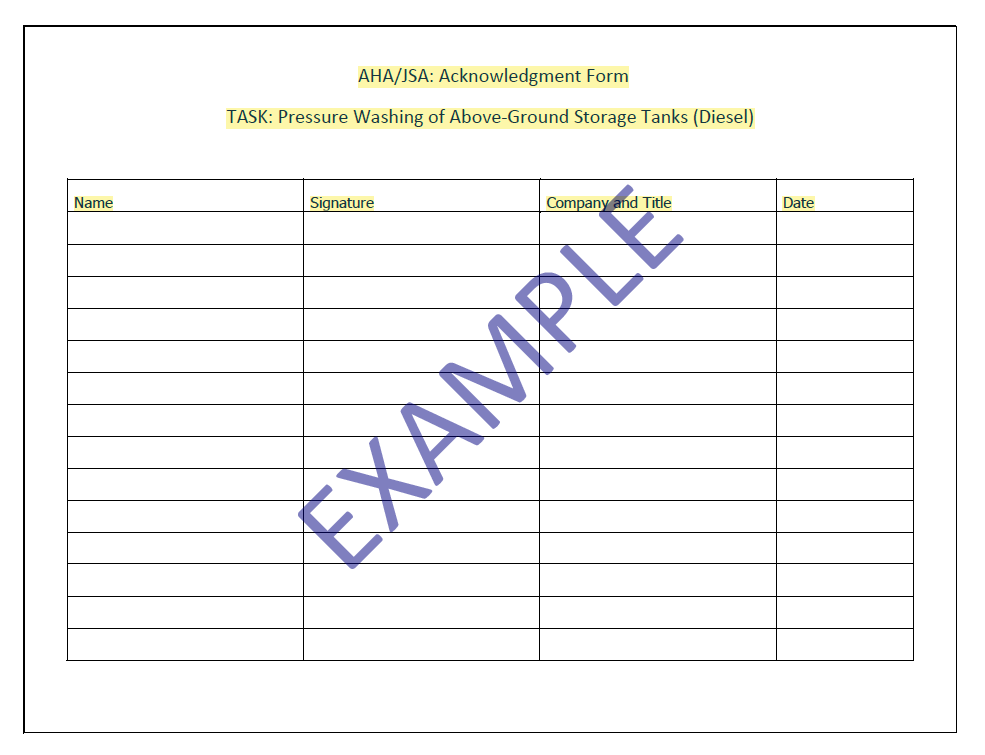 AHA/JSA - Pressure Washing of Above-Ground Storage Tank (Diesel)