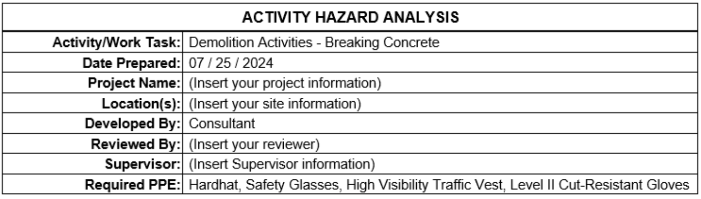 AHA/JSA - Demolition Activities - Breaking Concrete