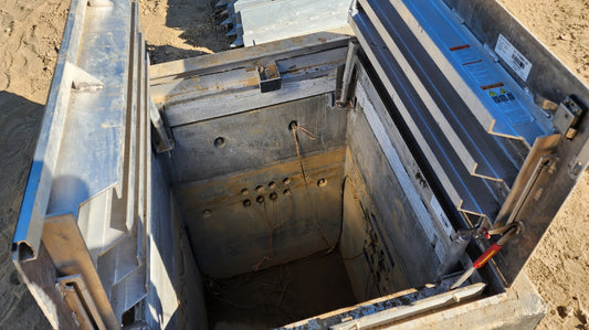  Open utility vault with exposed interior, surrounded by dirt, showing access opening for maintenance or inspection work.