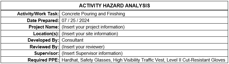 AHA/JSA - Concrete Pouring and Finishing