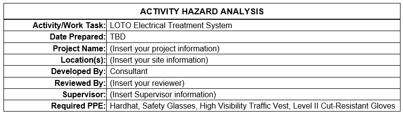 AHA/JSA - LOTO Electrical Treatment System