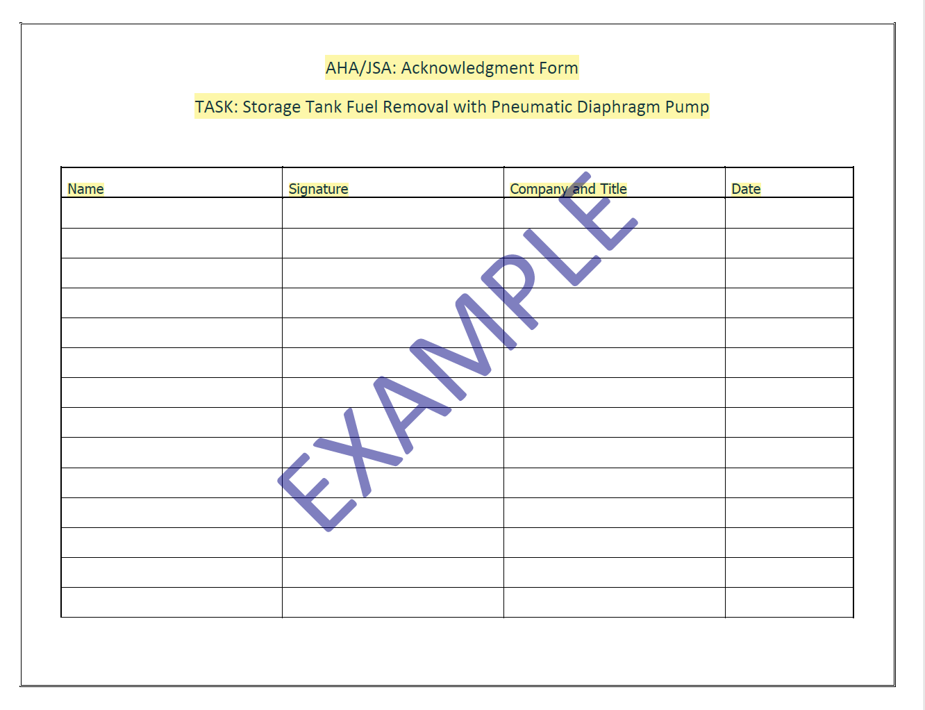 AHA/JSA - Storage Tank Fuel Removal with Pneumatic Diaphragm Pump